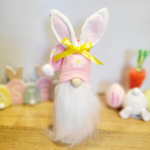 Pink Easter Bunny Spring Gnome with Yellow Bow Decor 11"